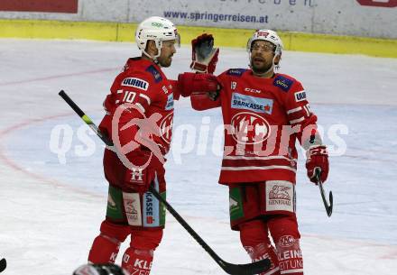 EBEL. Eishockey Bundesliga. KAC gegen	Dornbirn Bulldogs.  Torjubel Andrew Jacob Kozek, Thomas Koch (KAC). Klagenfurt, am 1.12.2019.
Foto: Kuess
www.qspictures.net

---
pressefotos, pressefotografie, kuess, qs, qspictures, sport, bild, bilder, bilddatenbank