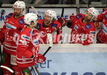 EBEL. Eishockey Bundesliga. KAC gegen	Dornbirn Bulldogs. Torjubel Daniel Obersteiner, Johannes Bischofberger, Thomas Koch (KAC). Klagenfurt, am 1.12.2019.
Foto: Kuess
www.qspictures.net

---
pressefotos, pressefotografie, kuess, qs, qspictures, sport, bild, bilder, bilddatenbank