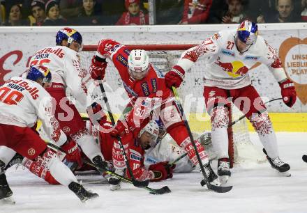 EBEL. Eishockey Bundesliga. KAC gegen	EC Red Bull Salzburg. Matthew Neal, Andrew Jacob Kozek, (KAC), Derek Joslin, Brandan Mikkelson, Jean Philippe Lamoureux  (Salzburg). Klagenfurt, am 6.12.2019.
Foto: Kuess
www.qspictures.net

---
pressefotos, pressefotografie, kuess, qs, qspictures, sport, bild, bilder, bilddatenbank