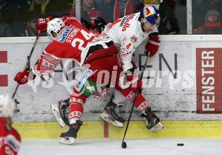 EBEL. Eishockey Bundesliga. KAC gegen	EC Red Bull Salzburg. Steven Strong,  (KAC), Bud Holloway (Salzburg). Klagenfurt, am 6.12.2019.
Foto: Kuess
www.qspictures.net

---
pressefotos, pressefotografie, kuess, qs, qspictures, sport, bild, bilder, bilddatenbank