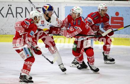 EBEL. Eishockey Bundesliga. KAC gegen	EC Red Bull Salzburg. Johannes Bischofberger, Clemens Unterweger, Lukas Haudum (KAC), Connor Brickley (Salzburg). Klagenfurt, am 6.12.2019.
Foto: Kuess
www.qspictures.net

---
pressefotos, pressefotografie, kuess, qs, qspictures, sport, bild, bilder, bilddatenbank