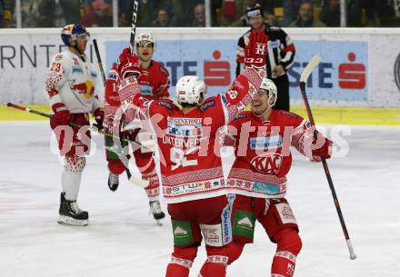 EBEL. Eishockey Bundesliga. KAC gegen	EC Red Bull Salzburg. Torjubel Clemens UNterweger, Nicholas Eric Petersen, Lukas Haudum (KAC). Klagenfurt, am 6.12.2019.
Foto: Kuess
www.qspictures.net

---
pressefotos, pressefotografie, kuess, qs, qspictures, sport, bild, bilder, bilddatenbank