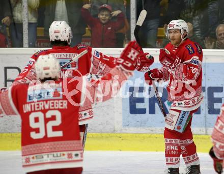 EBEL. Eishockey Bundesliga. KAC gegen	EC Red Bull Salzburg. Torjubel Johannes Bischofberger, Manuel Ganahl, Clemens Unterweger (KAC). Klagenfurt, am 6.12.2019.
Foto: Kuess
www.qspictures.net

---
pressefotos, pressefotografie, kuess, qs, qspictures, sport, bild, bilder, bilddatenbank