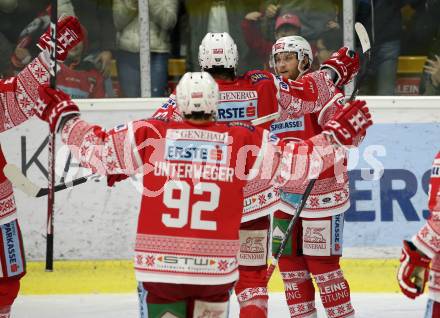 EBEL. Eishockey Bundesliga. KAC gegen	EC Red Bull Salzburg. Torjubel Johannes Bischofberger, Manuel Ganahl, Clemens Unterweger (KAC). Klagenfurt, am 6.12.2019.
Foto: Kuess
www.qspictures.net

---
pressefotos, pressefotografie, kuess, qs, qspictures, sport, bild, bilder, bilddatenbank