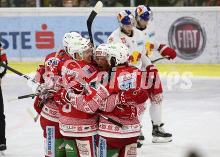 EBEL. Eishockey Bundesliga. KAC gegen	EC Red Bull Salzburg. Torjubel Clemens Unterweger, Nicholas Eric Petersen, Lukas Haudum, Adam Comrie, Marco Richter (KAC). Klagenfurt, am 6.12.2019.
Foto: Kuess
www.qspictures.net

---
pressefotos, pressefotografie, kuess, qs, qspictures, sport, bild, bilder, bilddatenbank