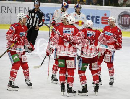 EBEL. Eishockey Bundesliga. KAC gegen	EC Red Bull Salzburg. Torjubel Clemens Unterweger, Nicholas Eric Petersen, Lukas Haudum, Adam Comrie, Marco Richter (KAC). Klagenfurt, am 6.12.2019.
Foto: Kuess
www.qspictures.net

---
pressefotos, pressefotografie, kuess, qs, qspictures, sport, bild, bilder, bilddatenbank