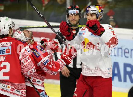 EBEL. Eishockey Bundesliga. KAC gegen	EC Red Bull Salzburg.  Steven Strong,  (KAC), Peter Hochkofler (Salzburg). Klagenfurt, am 6.12.2019.
Foto: Kuess
www.qspictures.net

---
pressefotos, pressefotografie, kuess, qs, qspictures, sport, bild, bilder, bilddatenbank