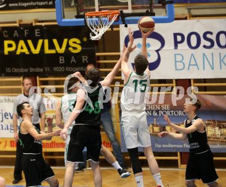 Basketball Zweite Liga 2019/2020. Grunddurchgang 13. Runde. KOS Celovec gegen  Deutsch Wagram Alligators. Andi Smrtnik, Rijad Dzigal (KOS Celovec),  Lukas Hofer, Martin Wustinger, Simon Marek (Deutsch Wagram). Klagenfurt, am 7.12.2019.
Foto: Kuess
www.qspictures.net

---
pressefotos, pressefotografie, kuess, qs, qspictures, sport, bild, bilder, bilddatenbank