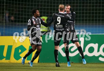 Fussball Bundesliga. RZ Pellets WAC gegen LASK.  Torjubel Samuel Tetteh, Joao Klauss De Mello, Petar Filipovic  (LASK). Wolfsberg, am 7.12.2019.
Foto: Kuess
www.qspictures.net

---
pressefotos, pressefotografie, kuess, qs, qspictures, sport, bild, bilder, bilddatenbank