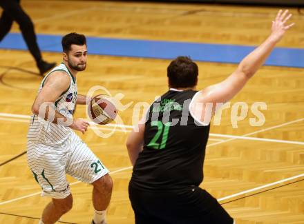 Basketball Zweite Liga 2019/2020. Grunddurchgang 13. Runde. KOS Celovec gegen  Deutsch Wagram Alligators. Marin Sliskovic (KOS Celovec), Lukas Geyrhofer (Deutsch Wagram). Klagenfurt, am 7.12.2019.
Foto: Kuess
www.qspictures.net

---
pressefotos, pressefotografie, kuess, qs, qspictures, sport, bild, bilder, bilddatenbank