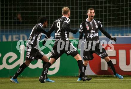 Fussball Bundesliga. RZ Pellets WAC gegen LASK.  Torjubel Samuel Tetteh, Joao Klauss De Mello, Petar Filipovic  (LASK). Wolfsberg, am 7.12.2019.
Foto: Kuess
www.qspictures.net

---
pressefotos, pressefotografie, kuess, qs, qspictures, sport, bild, bilder, bilddatenbank