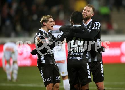 Fussball Bundesliga. RZ Pellets WAC gegen LASK. Torjubel Dominik Frieser, Joao Klauss De Mello, Samuel Tetteh  (LASK). Wolfsberg, am 7.12.2019.
Foto: Kuess
www.qspictures.net

---
pressefotos, pressefotografie, kuess, qs, qspictures, sport, bild, bilder, bilddatenbank