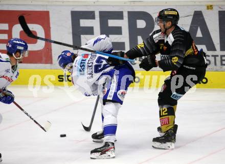 EBEL. Eishockey Bundesliga. EC VSV gegen spusu Vienna Capitals. Patrick Bjorkstrand,   (VSV), Kyle Baun (Vienna Capitals). Villach, am 8.12.2019.
Foto: Kuess
www.qspictures.net
---
pressefotos, pressefotografie, kuess, qs, qspictures, sport, bild, bilder, bilddatenbank