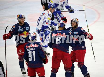 EBEL. Eishockey Bundesliga. EC VSV gegen EC Red Bull Salzburg. Torjubel Dominique Heinrich, Thomas Raffl, John Hughes, Chad Kolarik  (Salzburg). Villach, am 13.12.2019.
Foto: Kuess
www.qspictures.net
---
pressefotos, pressefotografie, kuess, qs, qspictures, sport, bild, bilder, bilddatenbank