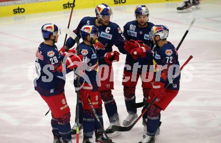 EBEL. Eishockey Bundesliga. EC VSV gegen EC Red Bull Salzburg. Torjubel Brent Regner,  Dominique Heinrich, Thomas Raffl, Alexander Pallestrang, John Hughes (Salzburg). Villach, am 13.12.2019.
Foto: Kuess
www.qspictures.net
---
pressefotos, pressefotografie, kuess, qs, qspictures, sport, bild, bilder, bilddatenbank