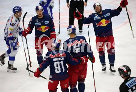 EBEL. Eishockey Bundesliga. EC VSV gegen EC Red Bull Salzburg.  Torjubel Dominique Heinrich, Thomas Raffl, John Hughes, Chad Kolarik  (Salzburg). Villach, am 13.12.2019.
Foto: Kuess
www.qspictures.net
---
pressefotos, pressefotografie, kuess, qs, qspictures, sport, bild, bilder, bilddatenbank