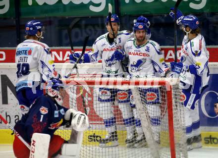 EBEL. Eishockey Bundesliga. EC VSV gegen EC Red Bull Salzburg.  Torjubel Miika Lahti, Brodie Reid, Jerry Pollastrone, Patrick Bjorkstrand (VSV). Villach, am 13.12.2019.
Foto: Kuess
www.qspictures.net
---
pressefotos, pressefotografie, kuess, qs, qspictures, sport, bild, bilder, bilddatenbank