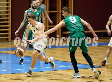 Basketball Zweite Liga 2019/2020. Grunddurchgang 14. Runde. Woerthersee Piraten gegen Dornbirn Lions. Lukas Simoner, (Piraten), Javier Medori  (Dornbirn). Klagenfurt, am 14.12.2019.
Foto: Kuess
www.qspictures.net

---
pressefotos, pressefotografie, kuess, qs, qspictures, sport, bild, bilder, bilddatenbank