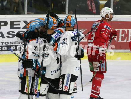 EBEL. Eishockey Bundesliga. KAC gegen	EHC Liwest Black Wings Linz. Torjubel Andreas Kristler, Justin Florek, Mario Altmann  (Linz). Klagenfurt, am 15.12.2019.
Foto: Kuess
www.qspictures.net

---
pressefotos, pressefotografie, kuess, qs, qspictures, sport, bild, bilder, bilddatenbank