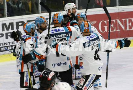 EBEL. Eishockey Bundesliga. KAC gegen	EHC Liwest Black Wings Linz. Torjubel Andreas Kristler, Justin Florek, Mario Altmann  (Linz). Klagenfurt, am 15.12.2019.
Foto: Kuess
www.qspictures.net

---
pressefotos, pressefotografie, kuess, qs, qspictures, sport, bild, bilder, bilddatenbank