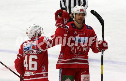 EBEL. Eishockey Bundesliga. KAC gegen	EHC Liwest Black Wings Linz. Torjubel Johannes Bischofberger, Thomas HUndertpfund (KAC). Klagenfurt, am 15.12.2019.
Foto: Kuess
www.qspictures.net

---
pressefotos, pressefotografie, kuess, qs, qspictures, sport, bild, bilder, bilddatenbank