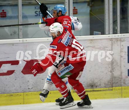 EBEL. Eishockey Bundesliga. KAC gegen	EHC Liwest Black Wings Linz. Andrew Jacob Kozek,  (KAC), Dragan Umicevic (Linz). Klagenfurt, am 15.12.2019.
Foto: Kuess
www.qspictures.net

---
pressefotos, pressefotografie, kuess, qs, qspictures, sport, bild, bilder, bilddatenbank