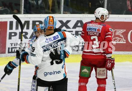 EBEL. Eishockey Bundesliga. KAC gegen	EHC Liwest Black Wings Linz. Torjubel Andreas Kristler, Justin Florek  (Linz). Klagenfurt, am 15.12.2019.
Foto: Kuess
www.qspictures.net

---
pressefotos, pressefotografie, kuess, qs, qspictures, sport, bild, bilder, bilddatenbank