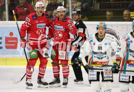 EBEL. Eishockey Bundesliga. KAC gegen	EHC Liwest Black Wings Linz. Torjubel Adam Comrie, Manuel Geier (KAC). Klagenfurt, am 15.12.2019.
Foto: Kuess
www.qspictures.net

---
pressefotos, pressefotografie, kuess, qs, qspictures, sport, bild, bilder, bilddatenbank