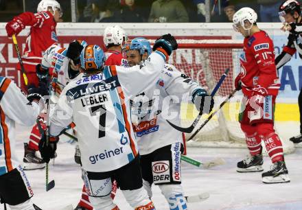 EBEL. Eishockey Bundesliga. KAC gegen	EHC Liwest Black Wings Linz.  Torjubel Dragan Umicevic, Brian Lebler  (Linz). Klagenfurt, am 15.12.2019.
Foto: Kuess
www.qspictures.net

---
pressefotos, pressefotografie, kuess, qs, qspictures, sport, bild, bilder, bilddatenbank