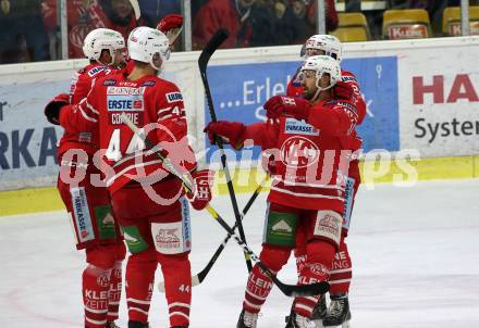 EBEL. Eishockey Bundesliga. KAC gegen	EHC Liwest Black Wings Linz. Torjubel David Joseph Fischer, Adam Comrie, Andrew Jacob Kozek, Manuel Geier (KAC). Klagenfurt, am 15.12.2019.
Foto: Kuess
www.qspictures.net

---
pressefotos, pressefotografie, kuess, qs, qspictures, sport, bild, bilder, bilddatenbank