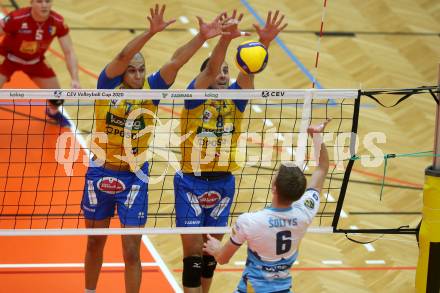 Volleyball CEV Cup. SK Zadruga Aich/Dob gegen VK Ostrava (CZE).   Victor Hugo Alcantara, Ivan Kolev (Aich/Dob). Bleiburg, am 18.12.2019.
Foto: Kuess
---
pressefotos, pressefotografie, kuess, qs, qspictures, sport, bild, bilder, bilddatenbank