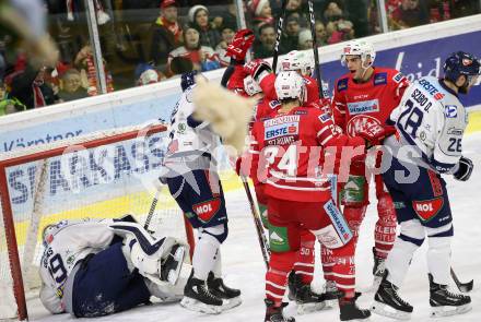 EBEL. Eishockey Bundesliga. KAC gegen	Hydro Fehervar AV 19. Torjubel Neal Matthew, Geier Stefan, Strong Steven, Haudum Lukas,  (KAC). Klagenfurt, am 15.12.2019.
Foto: Kuess
www.qspictures.net

---
pressefotos, pressefotografie, kuess, qs, qspictures, sport, bild, bilder, bilddatenbank