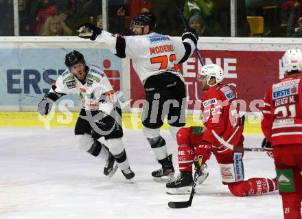 EBEL. Eishockey Bundesliga. KAC gegen	Moser Medical Graz99ers.  Torjubel Ken Ograjensek, Kevin Moderer (Graz). Klagenfurt, am 28.12.2019.
Foto: Kuess
www.qspictures.net

---
pressefotos, pressefotografie, kuess, qs, qspictures, sport, bild, bilder, bilddatenbank