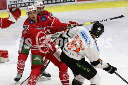 EBEL. Eishockey Bundesliga. KAC gegen	Moser Medical Graz99ers. Lukas Haudum, Martin Schumnig,  (KAC), Zintis Nauris Zusevics (Graz). Klagenfurt, am 28.12.2019.
Foto: Kuess
www.qspictures.net

---
pressefotos, pressefotografie, kuess, qs, qspictures, sport, bild, bilder, bilddatenbank