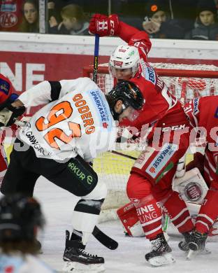 EBEL. Eishockey Bundesliga. KAC gegen	Moser Medical Graz99ers. Petter Hansson,  (KAC), Charles Dodero (Graz). Klagenfurt, am 28.12.2019.
Foto: Kuess
www.qspictures.net

---
pressefotos, pressefotografie, kuess, qs, qspictures, sport, bild, bilder, bilddatenbank