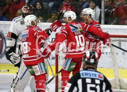 EBEL. Eishockey Bundesliga. KAC gegen	Moser Medical Graz99ers.  Torjubel Manuel Geier, Andrew Jacob Kozek, Thomas Koch (KAC). Klagenfurt, am 28.12.2019.
Foto: Kuess
www.qspictures.net

---
pressefotos, pressefotografie, kuess, qs, qspictures, sport, bild, bilder, bilddatenbank