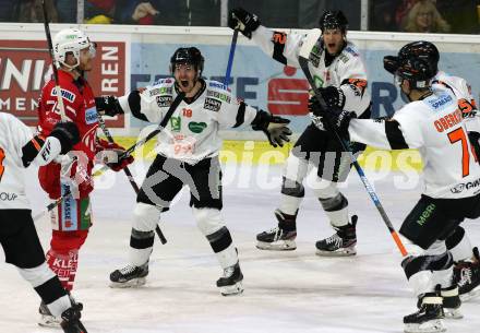 EBEL. Eishockey Bundesliga. KAC gegen	Moser Medical Graz99ers. Torjubel Ken Ograjensek, Kevin Moderer, Daniel Oberkofler  (Graz). Klagenfurt, am 28.12.2019.
Foto: Kuess
www.qspictures.net

---
pressefotos, pressefotografie, kuess, qs, qspictures, sport, bild, bilder, bilddatenbank