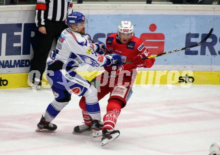 EBEL. Eishockey Bundesliga. VSV gegen KAC.  Marko Poeyhoenen,  (VSV),  Petter Hansson (KAC). Villach, am 30.12.2019.
Foto: Kuess
www.qspictures.net
---
pressefotos, pressefotografie, kuess, qs, qspictures, sport, bild, bilder, bilddatenbank