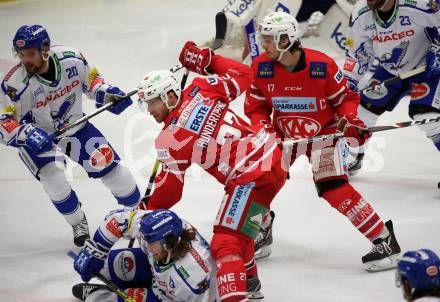 EBEL. Eishockey Bundesliga. VSV gegen KAC. Chris Collins, Nico Brunner  (VSV), Thomas Hundertpfund, Manuel Ganahl (KAC). Villach, am 30.12.2019.
Foto: Kuess
www.qspictures.net
---
pressefotos, pressefotografie, kuess, qs, qspictures, sport, bild, bilder, bilddatenbank