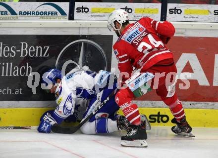 EBEL. Eishockey Bundesliga. VSV gegen KAC.  Steven Strong, (VSV),  Miika Lahti  (KAC). Villach, am 30.12.2019.
Foto: Kuess
www.qspictures.net
---
pressefotos, pressefotografie, kuess, qs, qspictures, sport, bild, bilder, bilddatenbank