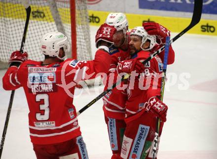 EBEL. Eishockey Bundesliga. VSV gegen KAC.  Torjubel Thomas Koch, Thomas Hundertpfund, David Joseph Fischer (KAC). Villach, am 30.12.2019.
Foto: Kuess
www.qspictures.net
---
pressefotos, pressefotografie, kuess, qs, qspictures, sport, bild, bilder, bilddatenbank