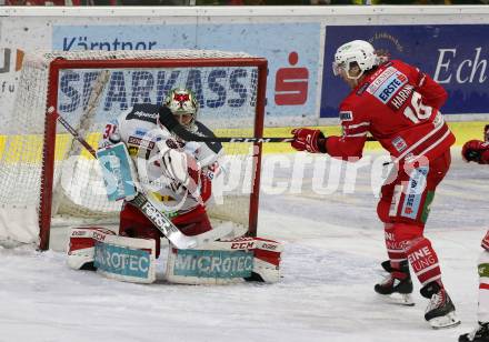 EBEL. Eishockey Bundesliga. KAC gegen	HCB Suedtirol Alperia. Patrick Harand,  (KAC), Leland Irving (Bozen). Klagenfurt, am 7.1.2020.
Foto: Kuess
www.qspictures.net

---
pressefotos, pressefotografie, kuess, qs, qspictures, sport, bild, bilder, bilddatenbank