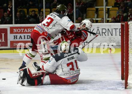 EBEL. Eishockey Bundesliga. KAC gegen	HCB Suedtirol Alperia. Matthew Neal,  (KAC), Stefano Marchetti, Leland Irving (Bozen). Klagenfurt, am 7.1.2020.
Foto: Kuess
www.qspictures.net

---
pressefotos, pressefotografie, kuess, qs, qspictures, sport, bild, bilder, bilddatenbank