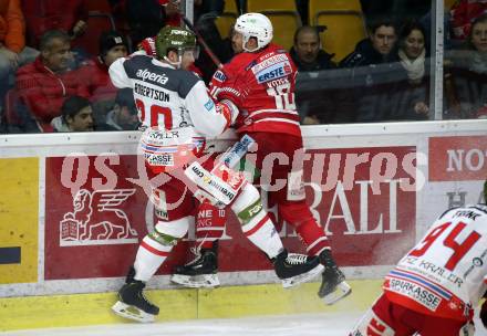 EBEL. Eishockey Bundesliga. KAC gegen	HCB Suedtirol Alperia. Andrew Jacob Kozek,  (KAC), Dennis Robertson (Bozen). Klagenfurt, am 7.1.2020.
Foto: Kuess
www.qspictures.net

---
pressefotos, pressefotografie, kuess, qs, qspictures, sport, bild, bilder, bilddatenbank