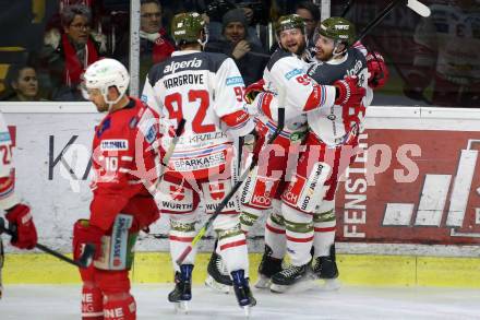 EBEL. Eishockey Bundesliga. KAC gegen	HCB Suedtirol Alperia.  Torjubel Luca Frigo, Domenico Alberga, Colton Hargrove (Bozen). Klagenfurt, am 7.1.2020.
Foto: Kuess
www.qspictures.net

---
pressefotos, pressefotografie, kuess, qs, qspictures, sport, bild, bilder, bilddatenbank