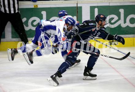 EBEL. Eishockey Bundesliga. VSV gegen Hydro Fehervar AV 19.  Nico Brunner, (VSV),  Daniel Koger (Fehervar). Villach, am 10.1.2020.
Foto: Kuess
www.qspictures.net
---
pressefotos, pressefotografie, kuess, qs, qspictures, sport, bild, bilder, bilddatenbank