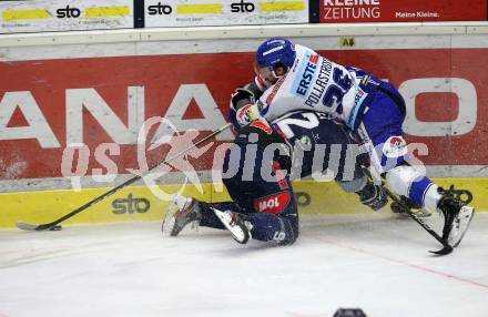 EBEL. Eishockey Bundesliga. VSV gegen Hydro Fehervar AV 19. Jerry Pollastrone,  (VSV),  Anze Kuralt (Fehervar). Villach, am 10.1.2020.
Foto: Kuess
www.qspictures.net
---
pressefotos, pressefotografie, kuess, qs, qspictures, sport, bild, bilder, bilddatenbank