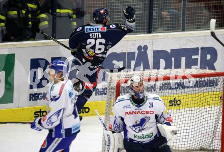 EBEL. Eishockey Bundesliga. VSV gegen Hydro Fehervar AV 19.  Torjubel Donat Szita  (Fehervar). Villach, am 10.1.2020.
Foto: Kuess
www.qspictures.net
---
pressefotos, pressefotografie, kuess, qs, qspictures, sport, bild, bilder, bilddatenbank