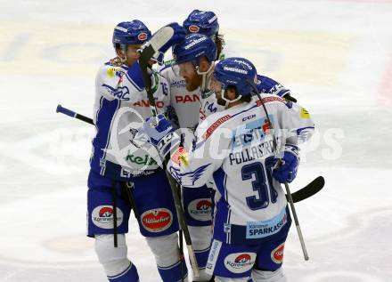 EBEL. Eishockey Bundesliga. VSV gegen Hydro Fehervar AV 19. Torjubel Jamie Fraser, Chris Collins, Brodie Reid, Jerry Pollastrone  (VSV). Villach, am 10.1.2020.
Foto: Kuess
www.qspictures.net
---
pressefotos, pressefotografie, kuess, qs, qspictures, sport, bild, bilder, bilddatenbank