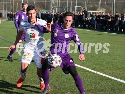 Fussball Bundesliga. 2. Liga. Testspiel. RZ Pellets WAC gegen SK Austria Klagenfurt. Stefan Goelles,  (WAC), Oliver Markoutz (Klagenfurt). St. Andrae, am 11.1.2020.
Foto: Kuess
www.qspictures.net
---
pressefotos, pressefotografie, kuess, qs, qspictures, sport, bild, bilder, bilddatenbank